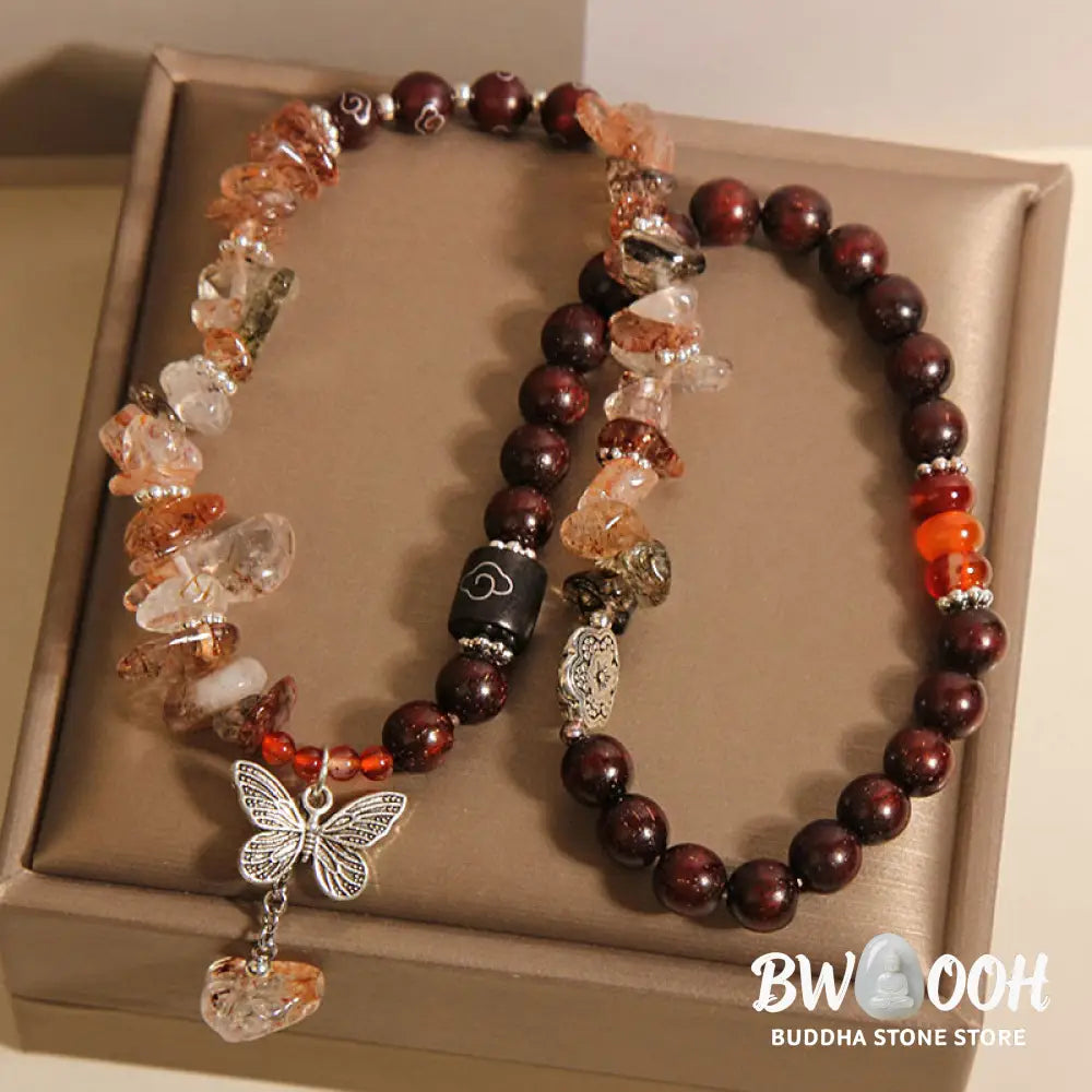 Buddha Stones Natural Rutilated Quartz Small Leaf Red Sandalwood Wealth Butterfly Charm Bracelet - BWOOOH - 14-15cm