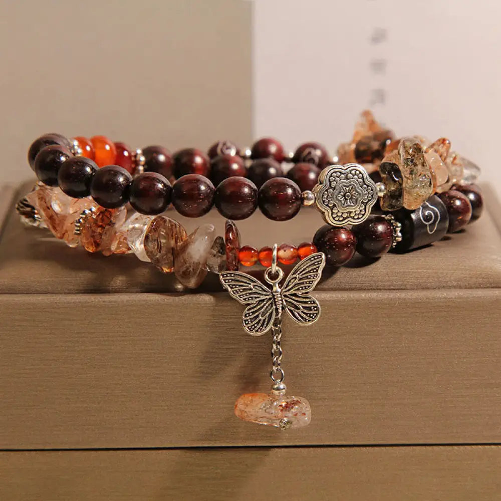 BWOOOH Natural Rutilated Quartz Small Leaf Red Sandalwood Wealth Butterfly Charm Bracelet — Quartz crystal healing bracele...