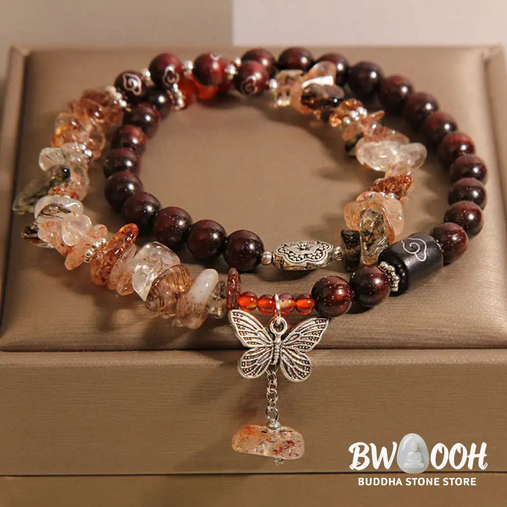 Buddha Stones Natural Rutilated Quartz Small Leaf Red Sandalwood Wealth Butterfly Charm Bracelet - BWOOOH - 14-15cm