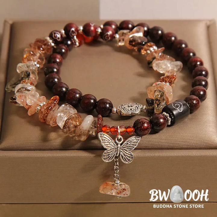 Buddha Stones Natural Rutilated Quartz Small Leaf Red Sandalwood Wealth Butterfly Charm Bracelet - BWOOOH - 14-15cm