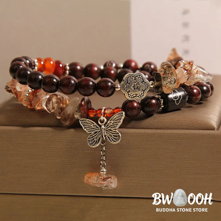Buddha Stones Natural Rutilated Quartz Small Leaf Red Sandalwood Wealth Butterfly Charm Bracelet - BWOOOH - 14-15cm