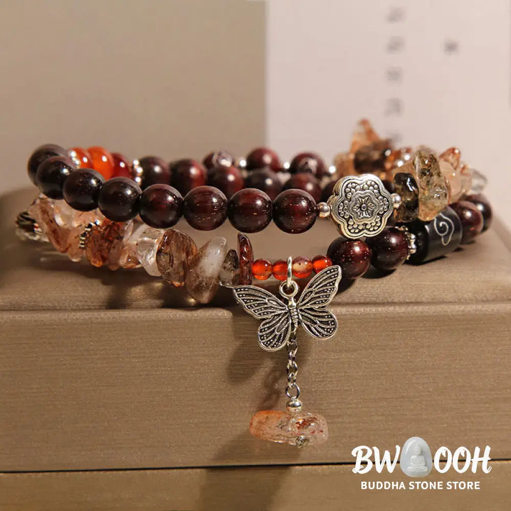 Buddha Stones Natural Rutilated Quartz Small Leaf Red Sandalwood Wealth Butterfly Charm Bracelet - BWOOOH - 14-15cm