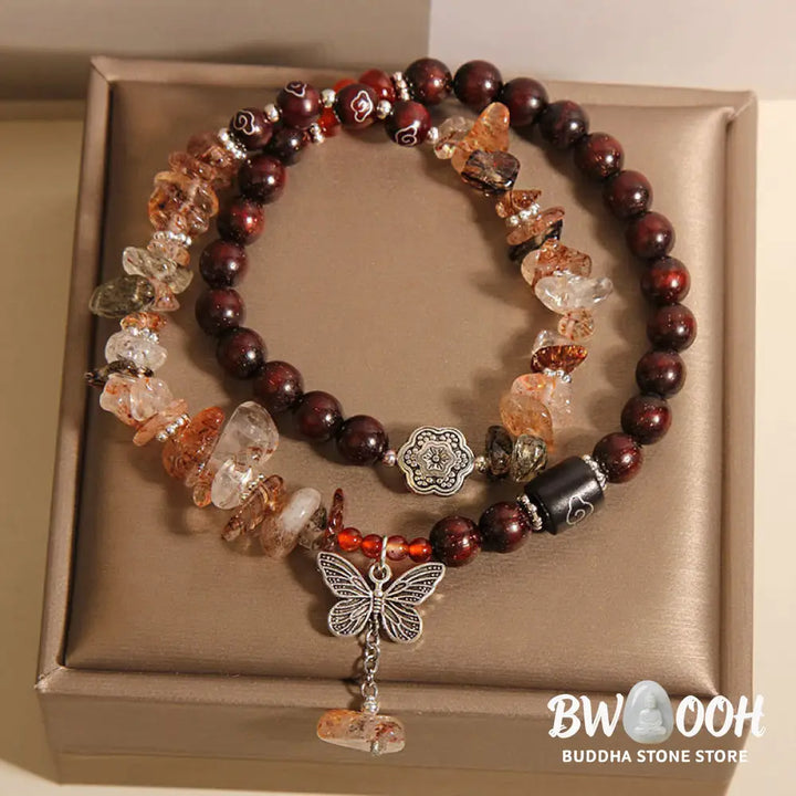 Buddha Stones Natural Rutilated Quartz Small Leaf Red Sandalwood Wealth Butterfly Charm Bracelet - BWOOOH - 14-15cm