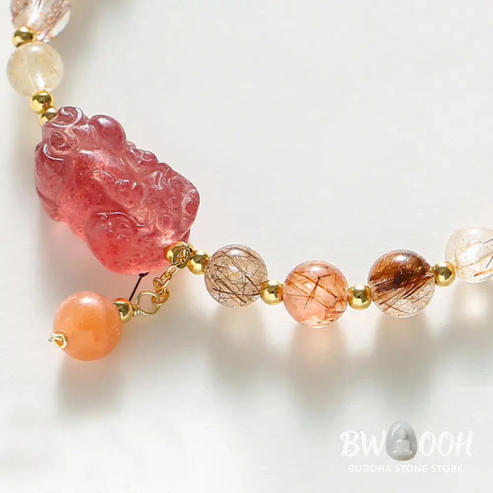 Buddha Stones Natural Rutilated Quartz Strawberry Quartz PiXiu Wealth Bracelet - BWOOOH - Rutilated