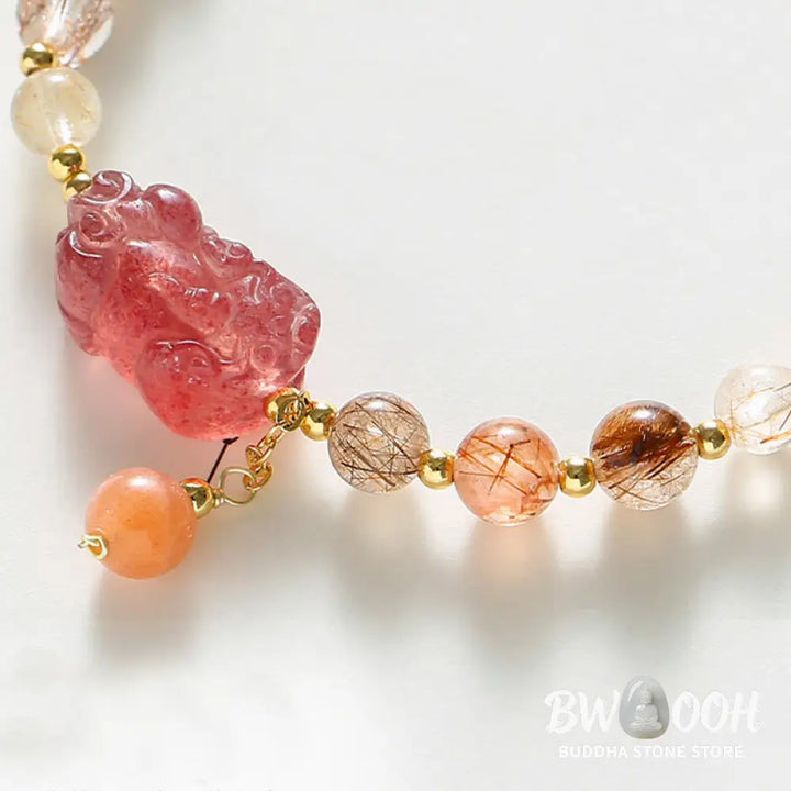 Buddha Stones Natural Rutilated Quartz Strawberry Quartz PiXiu Wealth Bracelet - BWOOOH - Rutilated