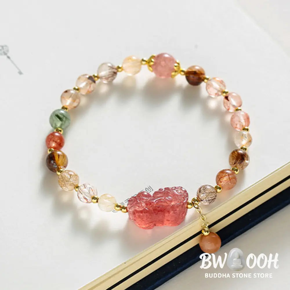 Buddha Stones Natural Rutilated Quartz Strawberry Quartz PiXiu Wealth Bracelet - BWOOOH - Rutilated