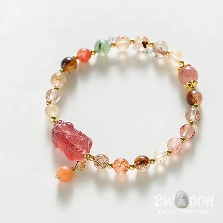 Buddha Stones Natural Rutilated Quartz Strawberry Quartz PiXiu Wealth Bracelet - BWOOOH - Rutilated