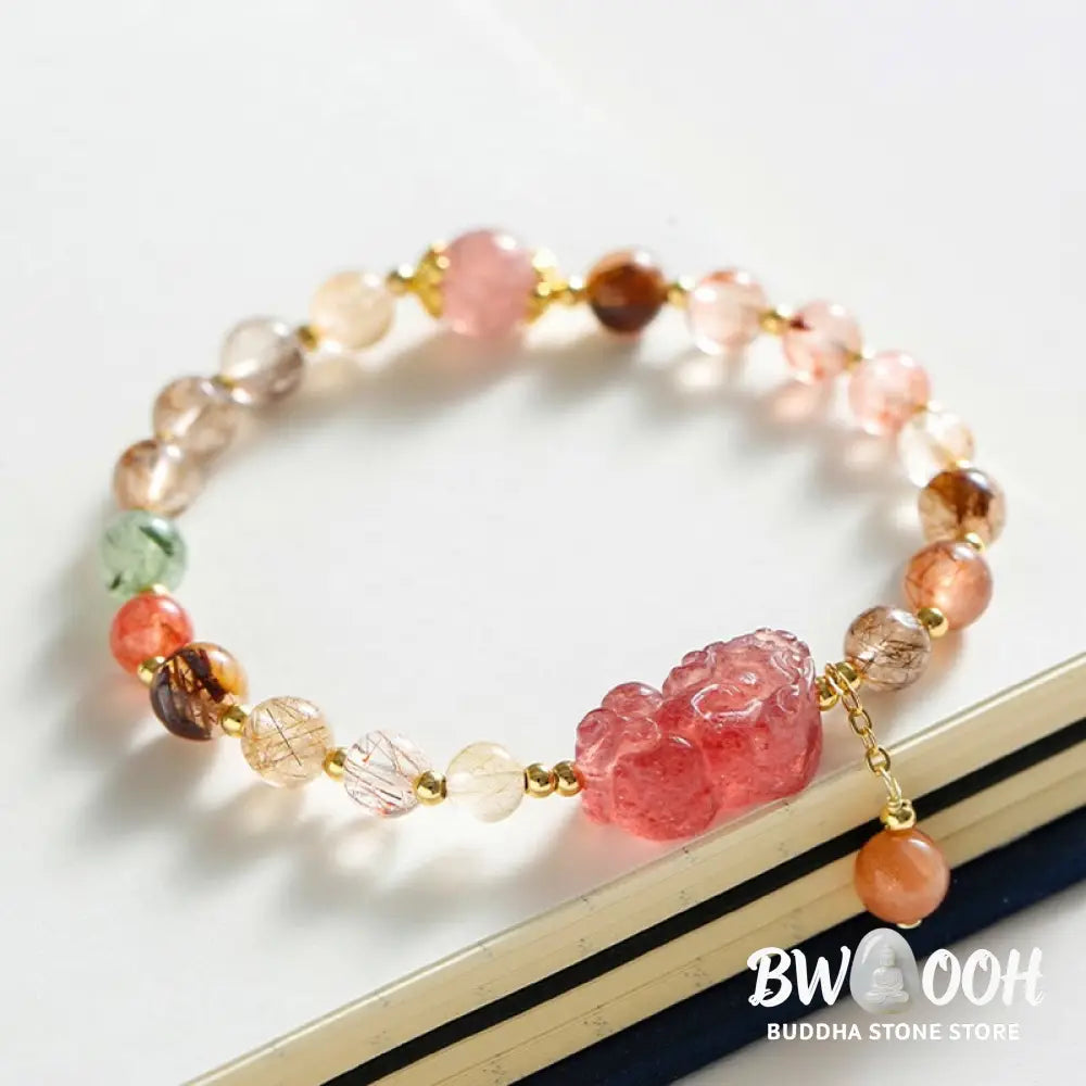 Buddha Stones Natural Rutilated Quartz Strawberry Quartz PiXiu Wealth Bracelet - BWOOOH - Rutilated