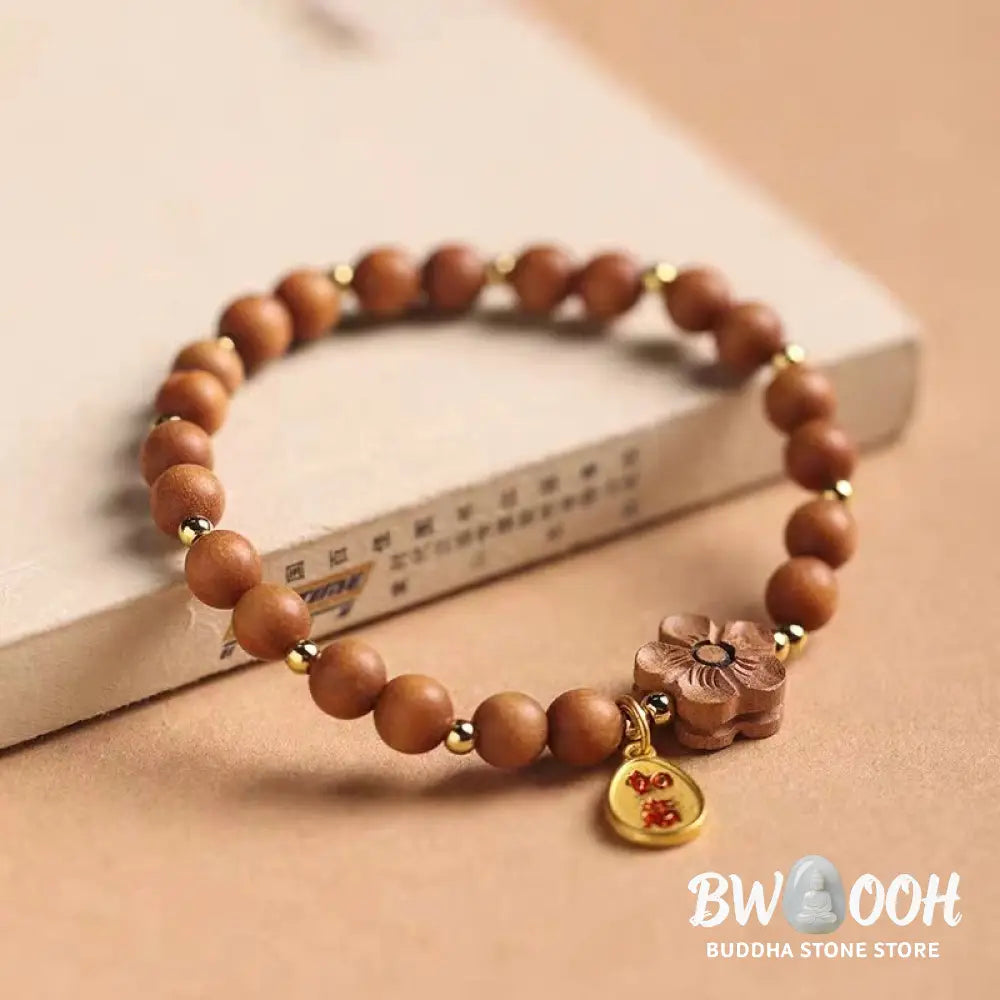 Buddha Stones Natural Sandalwood Peach Blossom Small Leaf Red Sandalwood Ruyi Charm Protection Bracelet - Bracelet