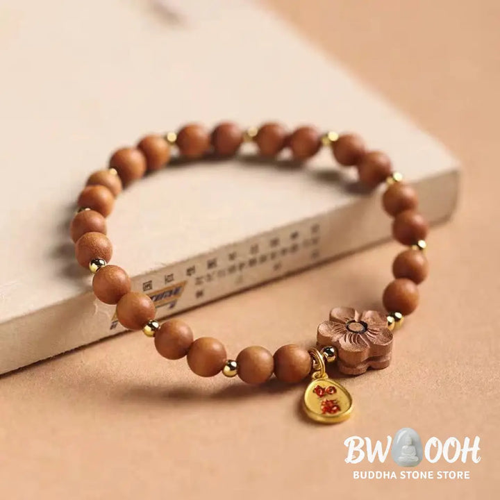 Buddha Stones Natural Sandalwood Peach Blossom Small Leaf Red Sandalwood Ruyi Charm Protection Bracelet - Bracelet