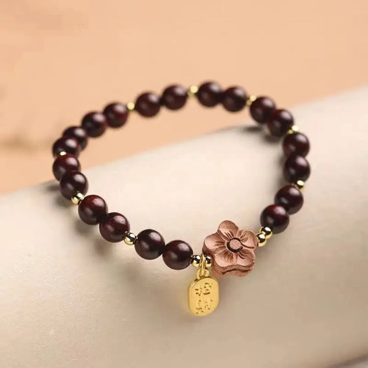 Buddha Stones Natural Sandalwood Peach Blossom Small Leaf Red Sandalwood Ruyi Charm Protection Bracelet - Small Leaf