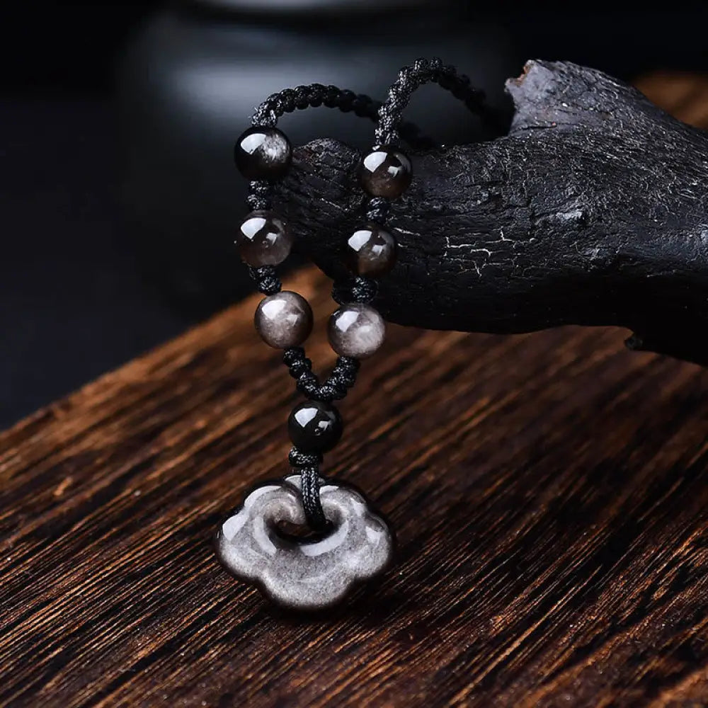 Buddha Stones Natural Silver Sheen Obsidian Auspicious Clouds Protection Soothing Necklace Pendant - BWOOOH - Silver