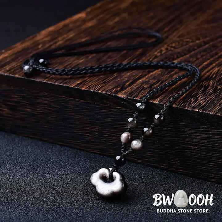 Buddha Stones Natural Silver Sheen Obsidian Auspicious Clouds Protection Soothing Necklace Pendant - BWOOOH - Necklaces