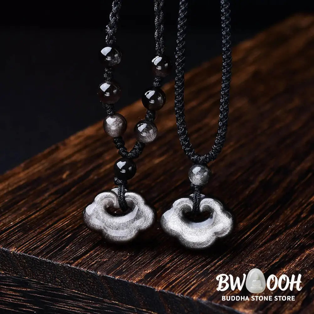 Buddha Stones Natural Silver Sheen Obsidian Auspicious Clouds Protection Soothing Necklace Pendant - BWOOOH - Necklaces