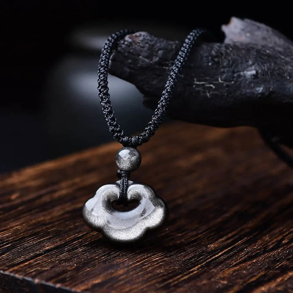 Buddha Stones Natural Silver Sheen Obsidian Auspicious Clouds Protection Soothing Necklace Pendant - BWOOOH - Silver