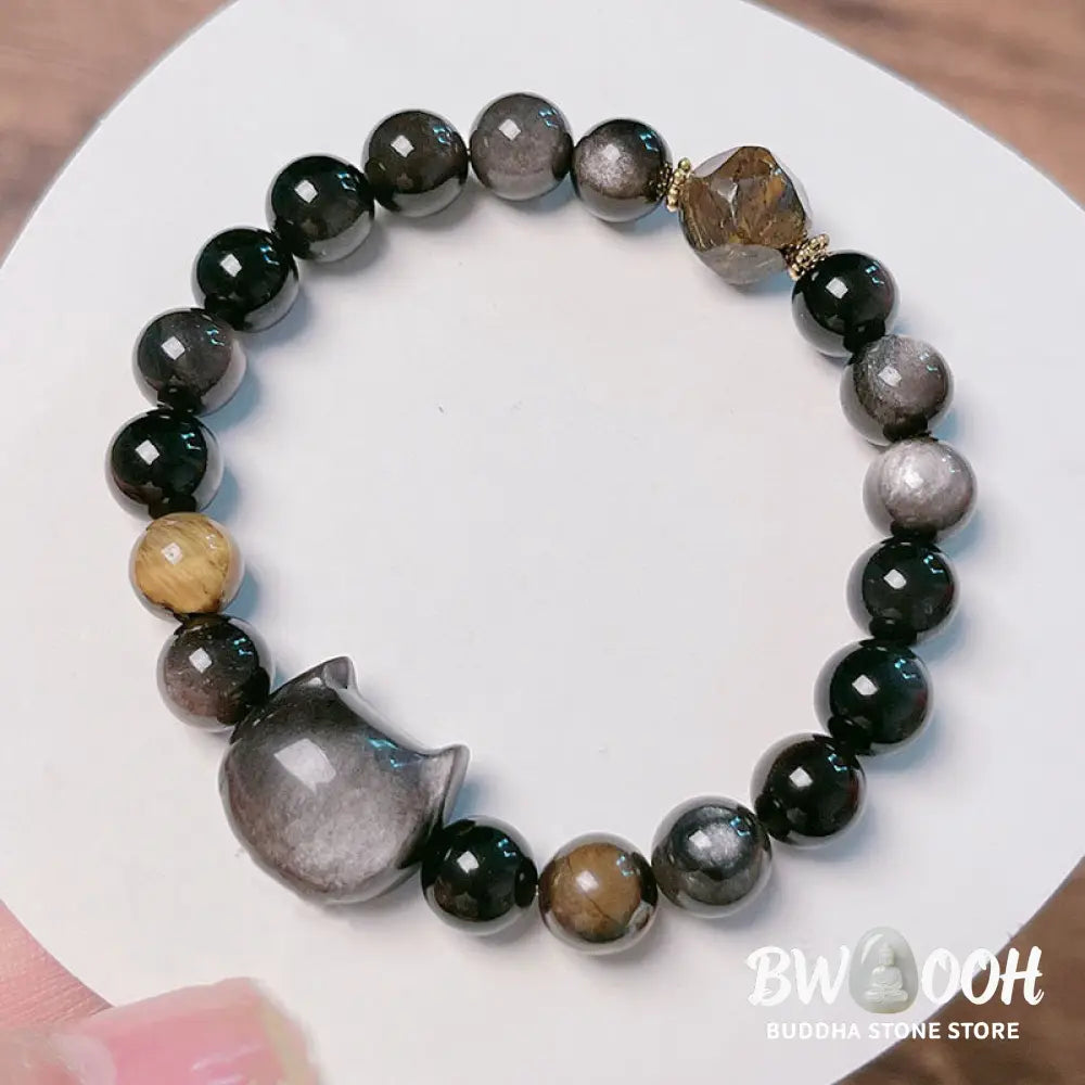 Buddha Stones Natural Silver Sheen Obsidian Beads Cute Cat Soothing Bracelet - BWOOOH - Bracelet