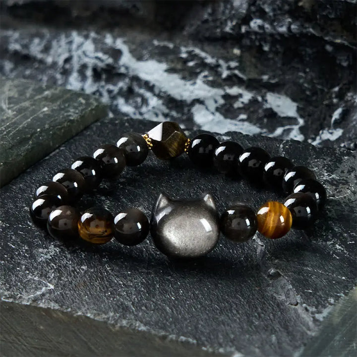 BWOOOH Natural Silver Sheen Obsidian Beads Cute Cat Soothing Bracelet — Obsidian black obsidian bracelet for spiritual hea...