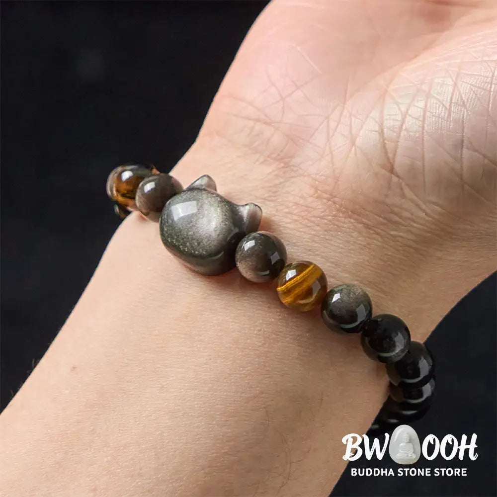 Buddha Stones Natural Silver Sheen Obsidian Beads Cute Cat Soothing Bracelet - BWOOOH - Bracelet