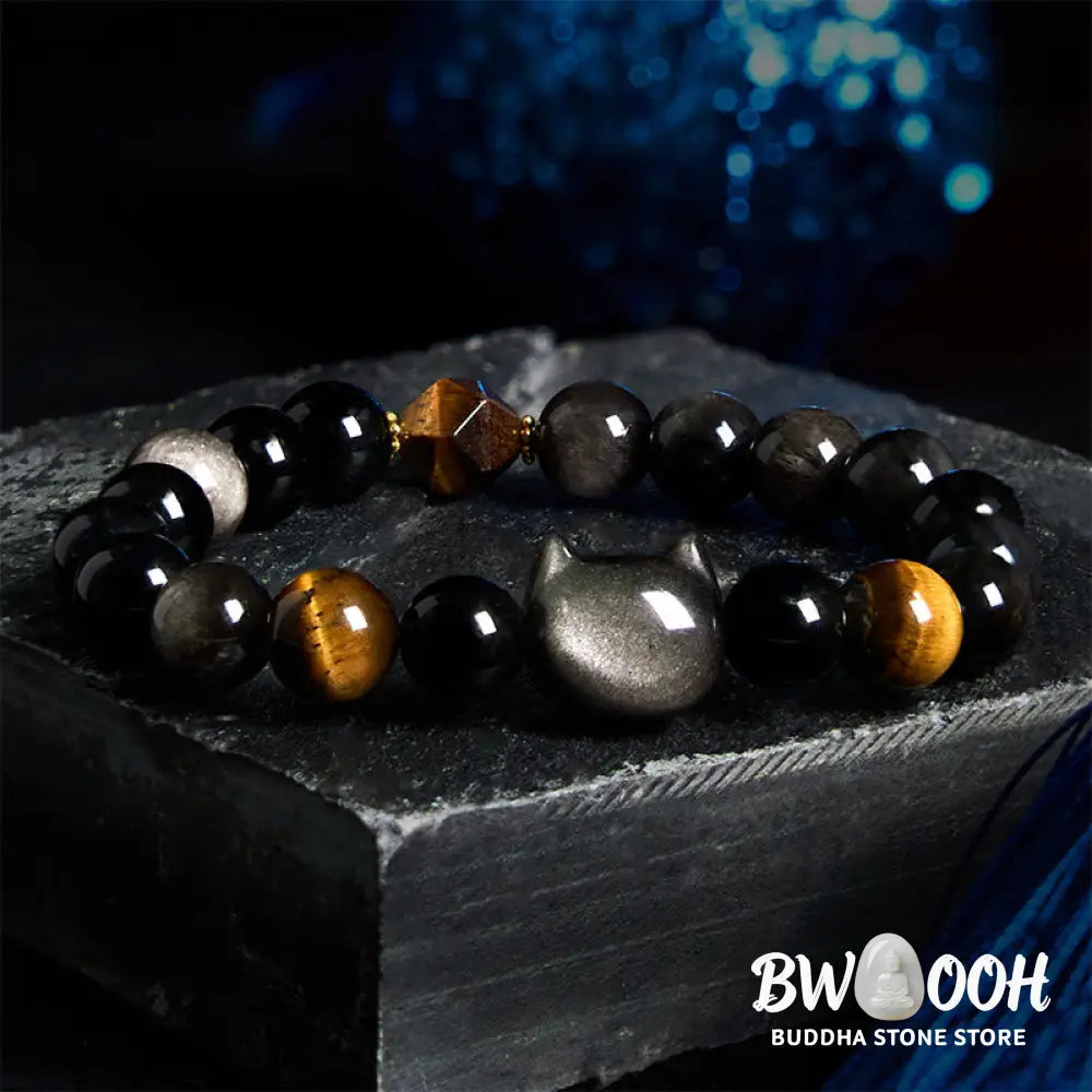Buddha Stones Natural Silver Sheen Obsidian Beads Cute Cat Soothing Bracelet - BWOOOH - Bracelet