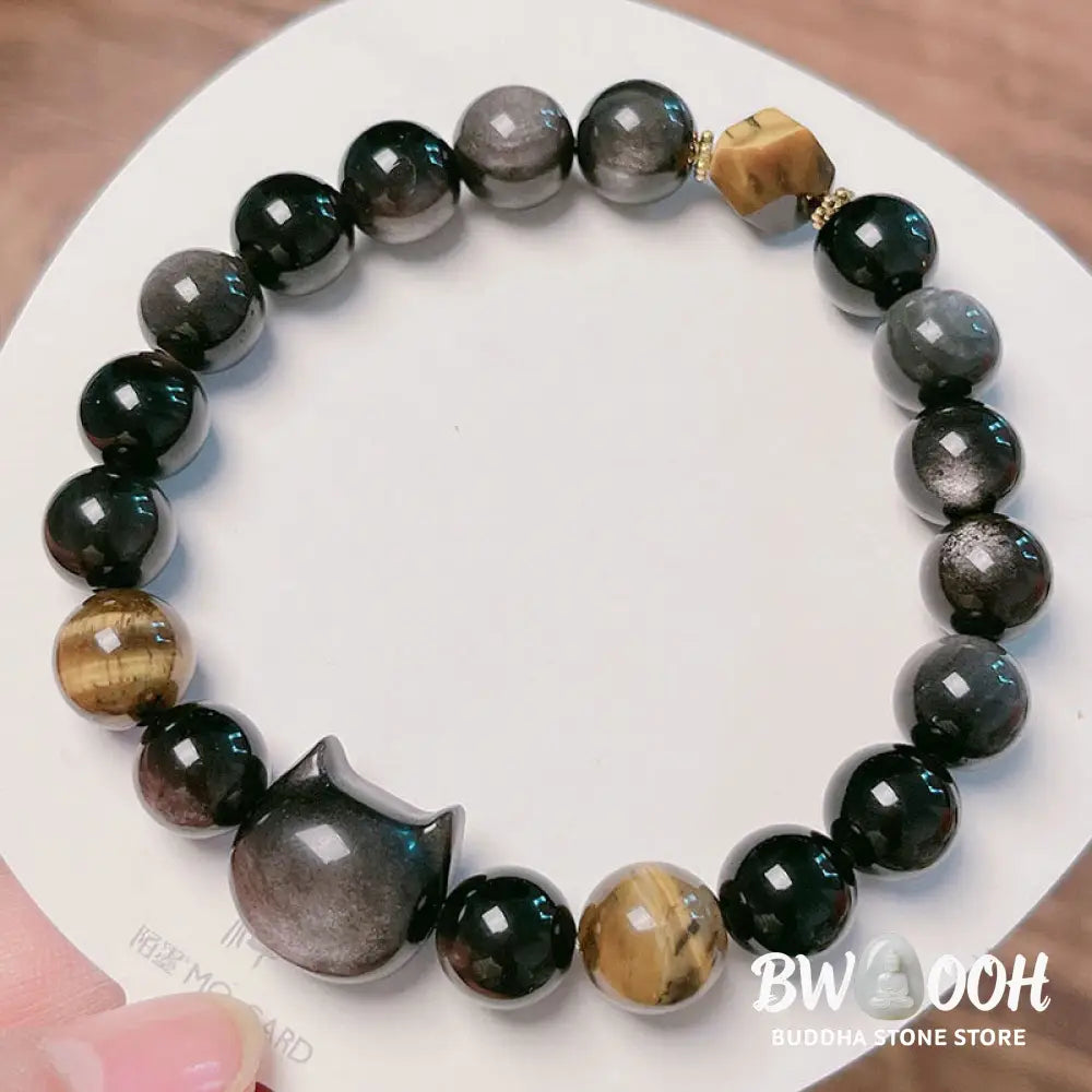 Buddha Stones Natural Silver Sheen Obsidian Beads Cute Cat Soothing Bracelet - BWOOOH - Bracelet