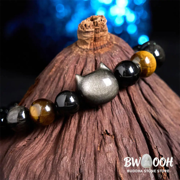 Buddha Stones Natural Silver Sheen Obsidian Beads Cute Cat Soothing Bracelet - BWOOOH - Bracelet