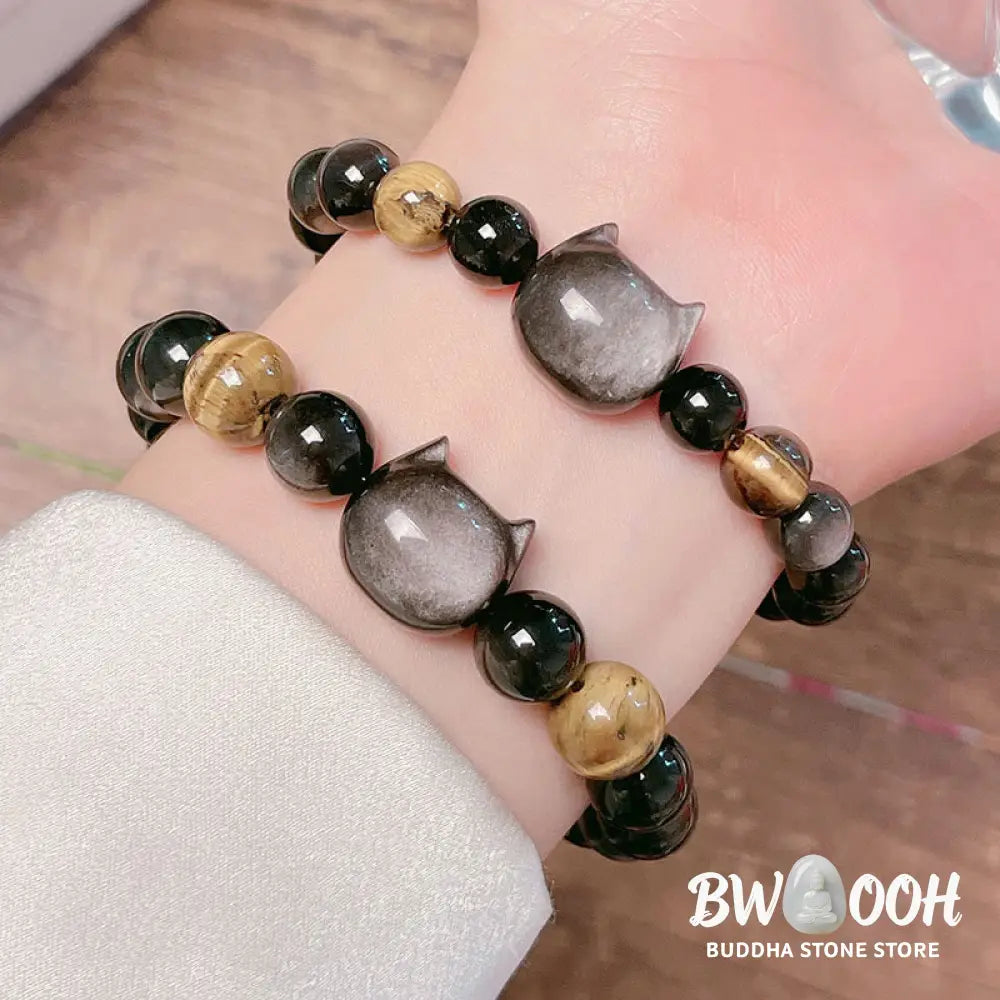 Buddha Stones Natural Silver Sheen Obsidian Beads Cute Cat Soothing Bracelet - BWOOOH - Bracelet