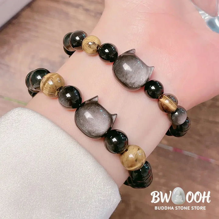 Buddha Stones Natural Silver Sheen Obsidian Beads Cute Cat Soothing Bracelet - BWOOOH - Bracelet