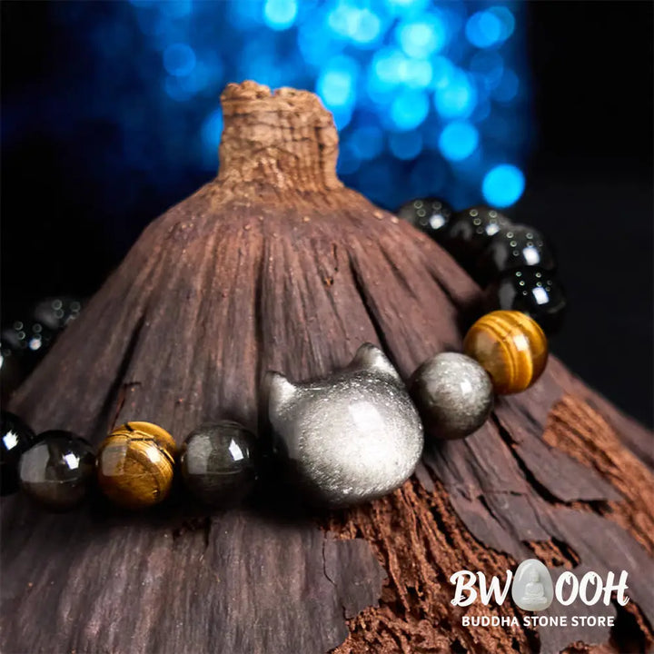 Buddha Stones Natural Silver Sheen Obsidian Beads Cute Cat Soothing Bracelet - BWOOOH - Bracelet