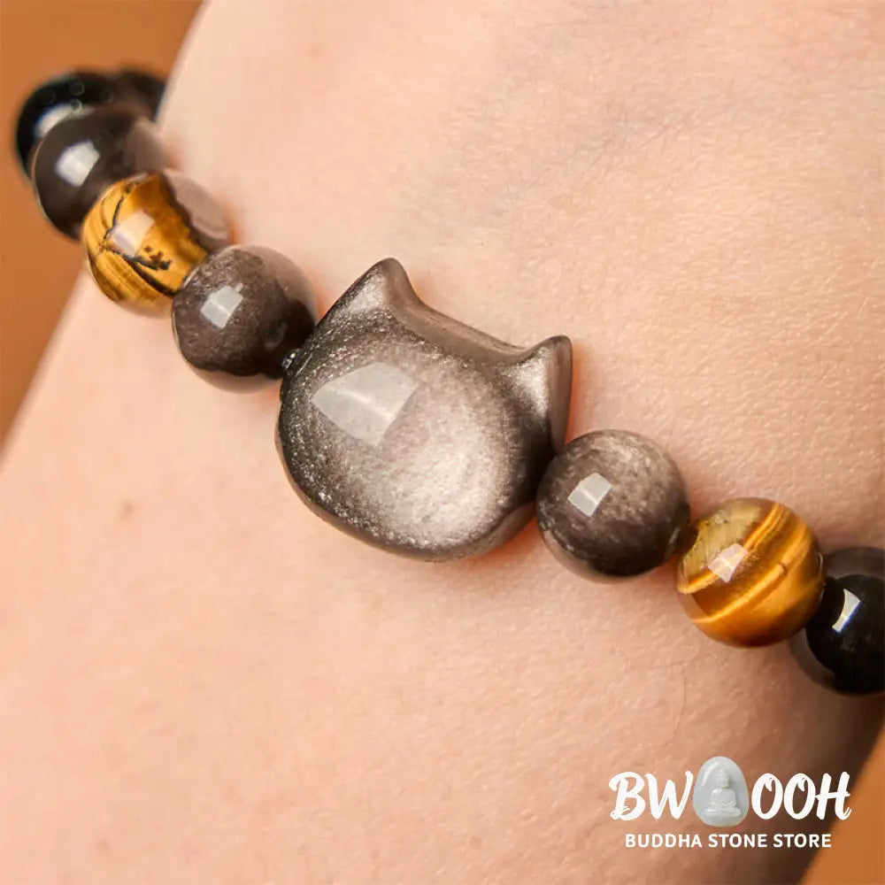 Buddha Stones Natural Silver Sheen Obsidian Beads Cute Cat Soothing Bracelet - BWOOOH - Bracelet