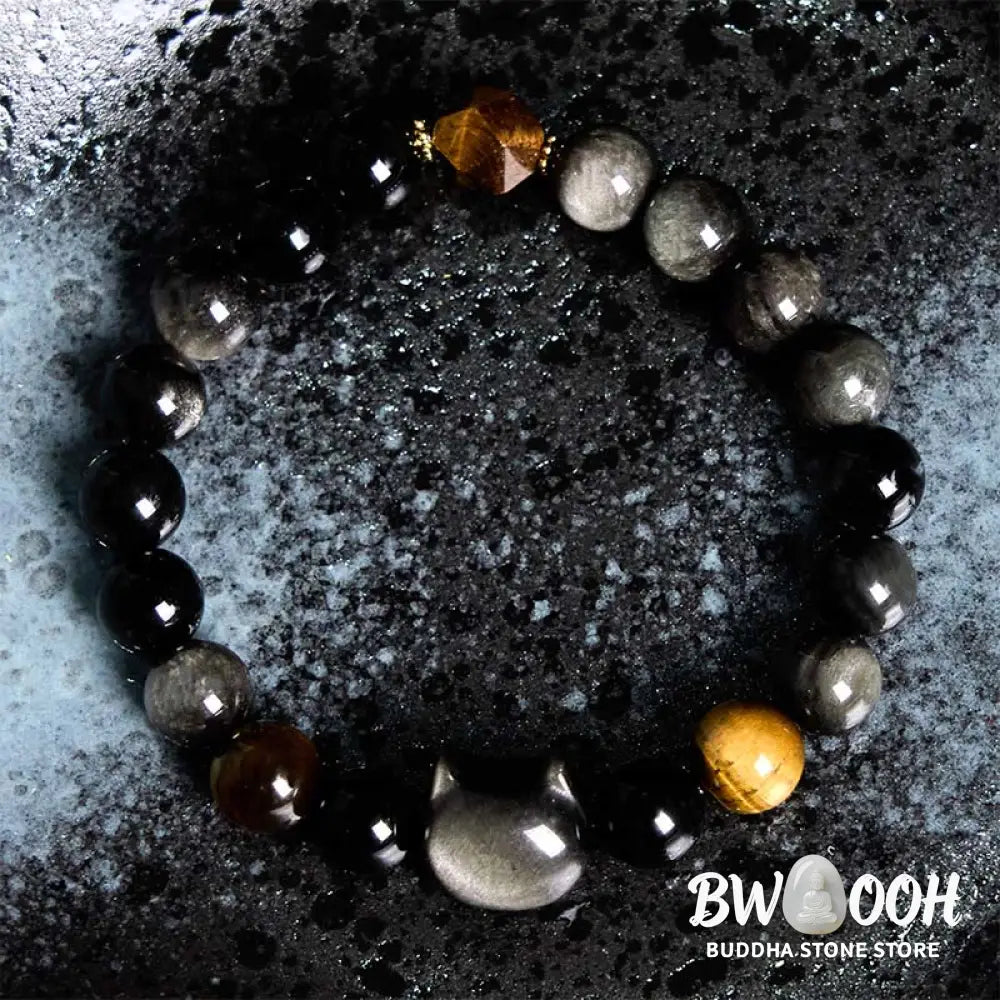 Buddha Stones Natural Silver Sheen Obsidian Beads Cute Cat Soothing Bracelet - BWOOOH - Bracelet
