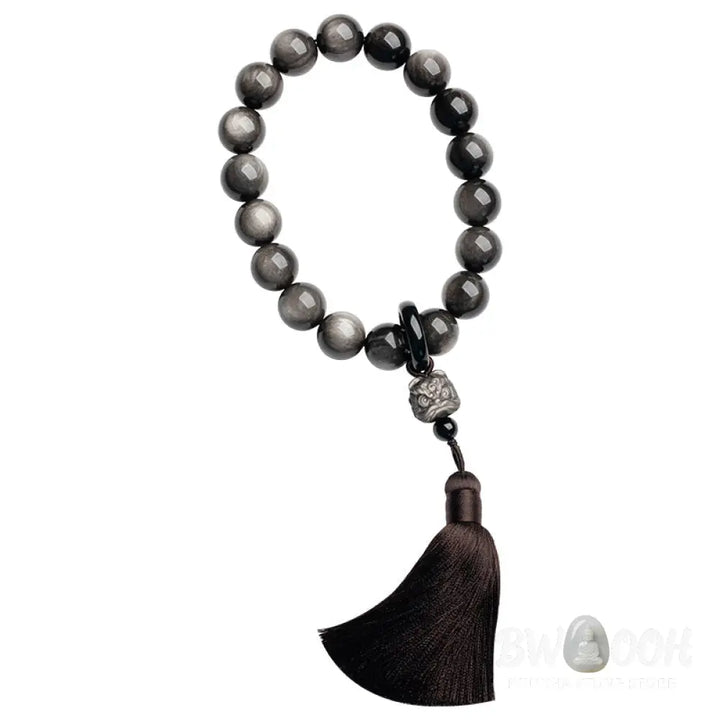 BWOOOH Natural Silver Sheen Obsidian and Black Obsidian Lion Wrist Mala with Tassels. 14mm/16mm beads, 16*15*15mm lion, for protection, courage, and positive Feng Shui energy. - View 12
