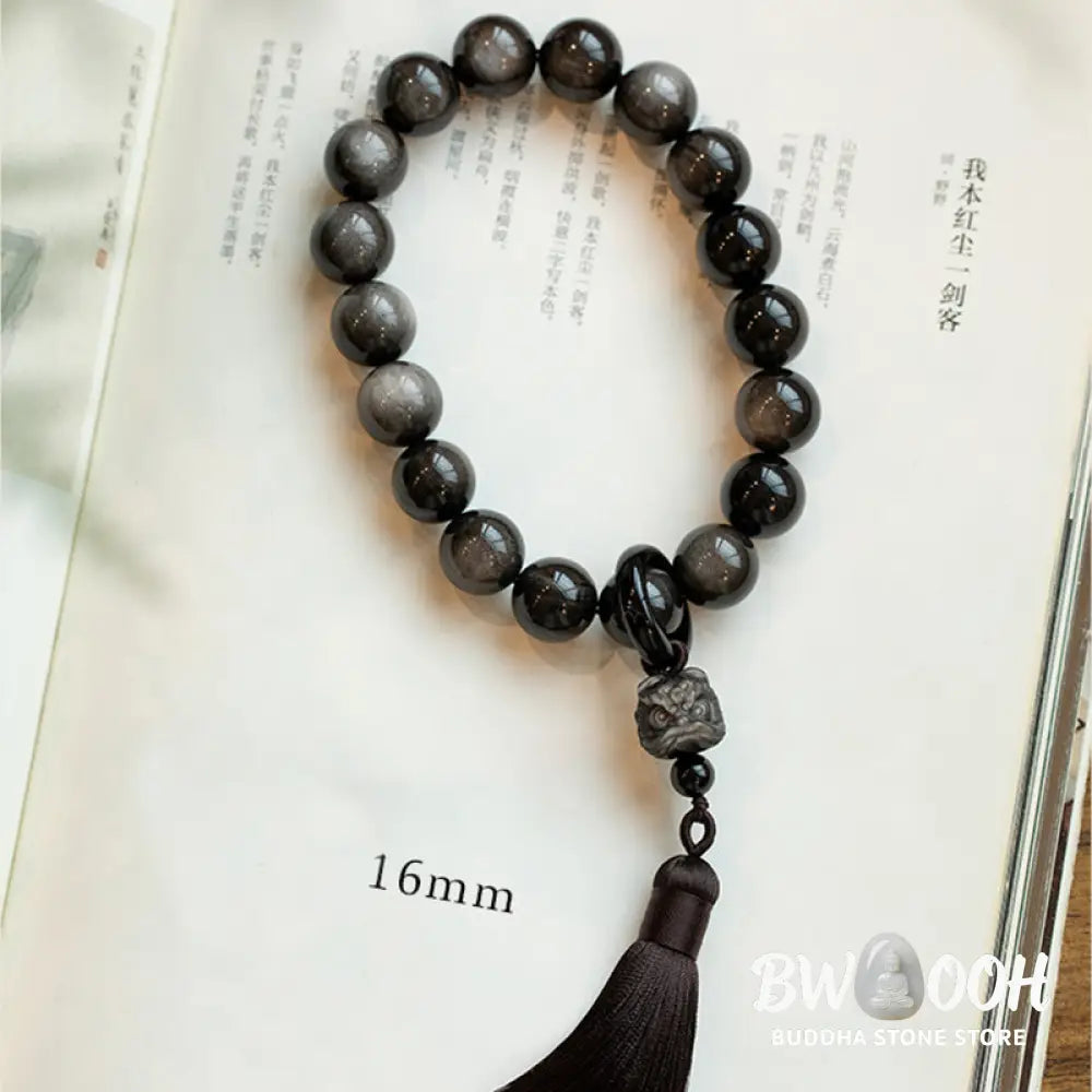 BWOOOH Natural Silver Sheen Obsidian and Black Obsidian Lion Wrist Mala with Tassels. 14mm/16mm beads, 16*15*15mm lion, for protection, courage, and positive Feng Shui energy. - View 11