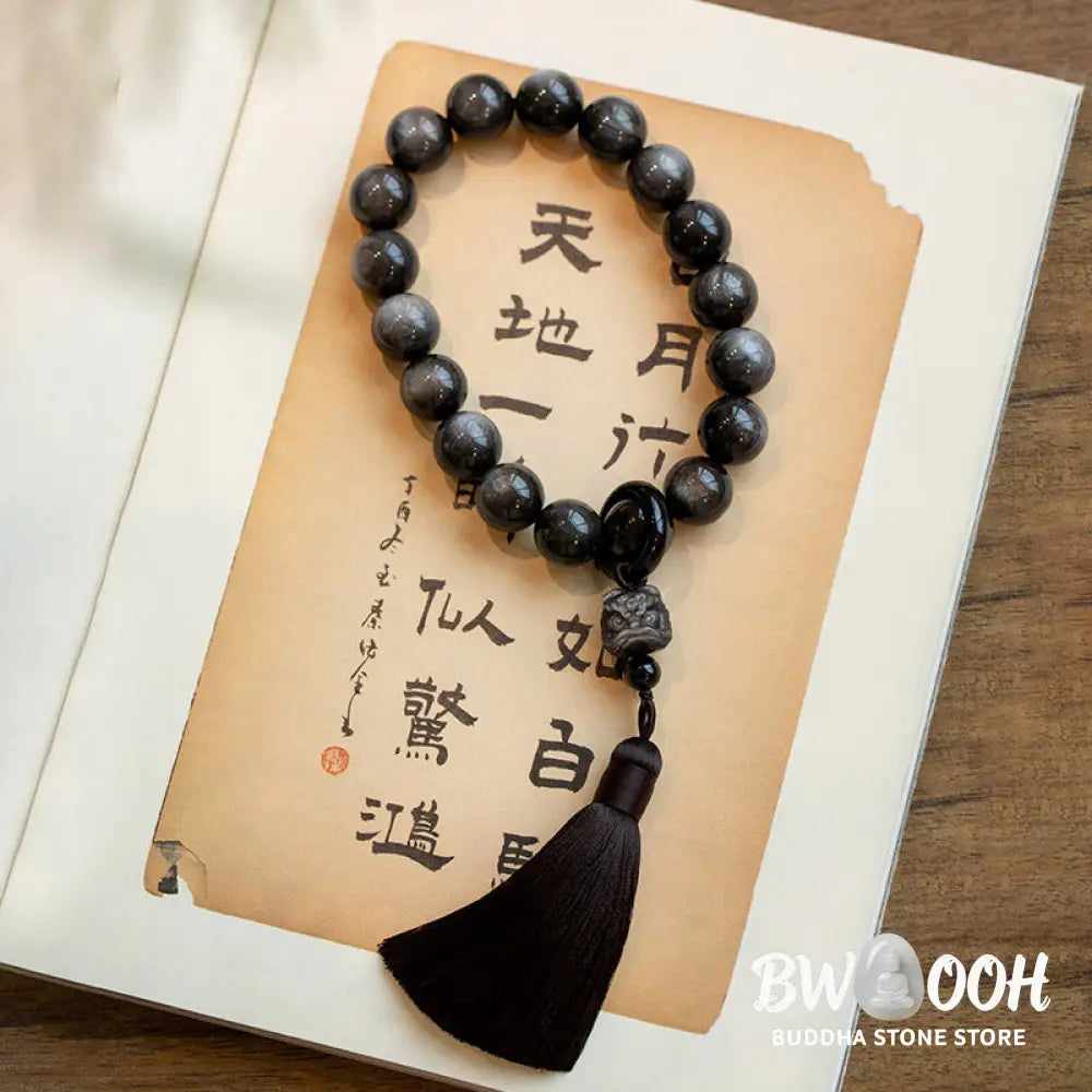 BWOOOH Natural Silver Sheen Obsidian and Black Obsidian Lion Wrist Mala with Tassels. 14mm/16mm beads, 16*15*15mm lion, for protection, courage, and positive Feng Shui energy. - View 9