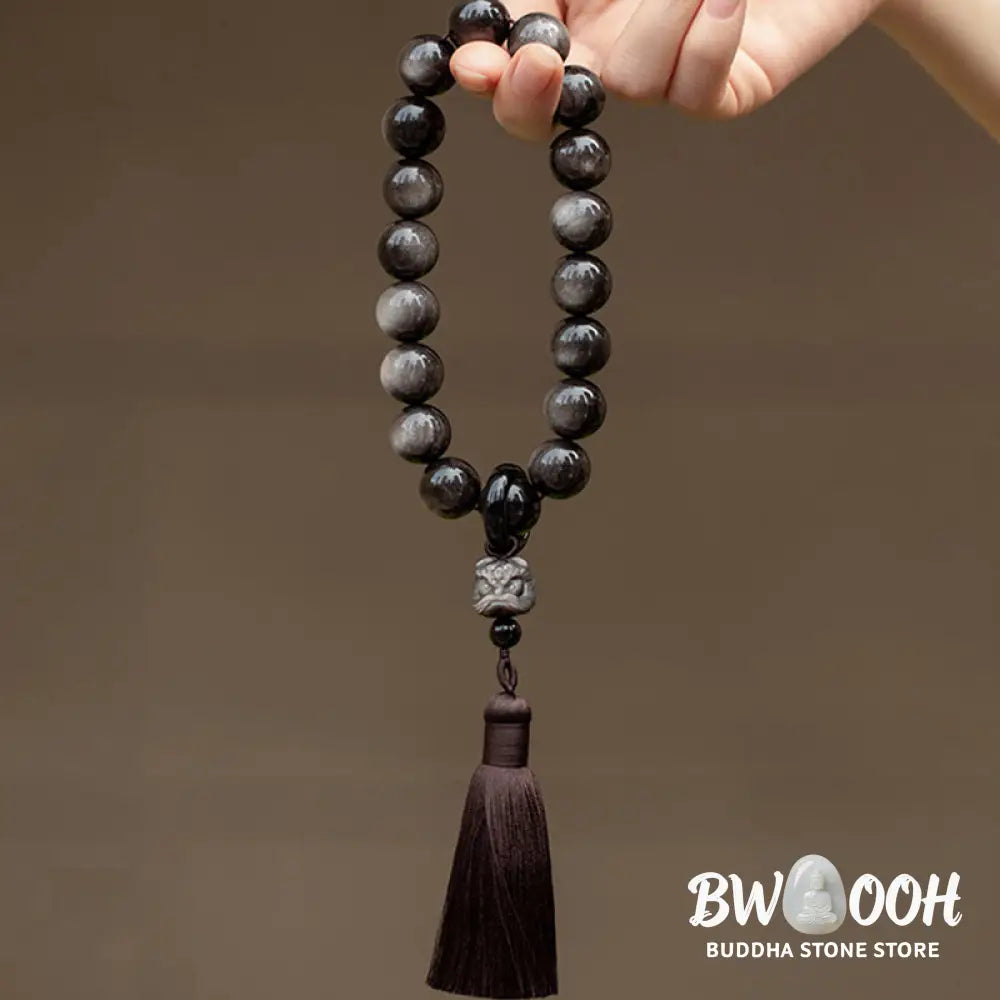 BWOOOH Natural Silver Sheen Obsidian and Black Obsidian Lion Wrist Mala with Tassels. 14mm/16mm beads, 16*15*15mm lion, for protection, courage, and positive Feng Shui energy. - View 10