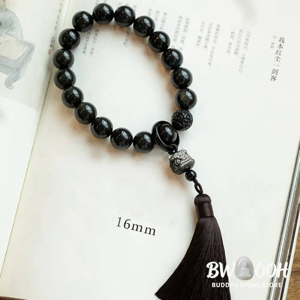 BWOOOH Natural Silver Sheen Obsidian and Black Obsidian Lion Wrist Mala with Tassels. 14mm/16mm beads, 16*15*15mm lion, for protection, courage, and positive Feng Shui energy. - View 14