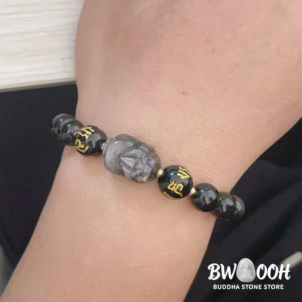 Buddha Stones Natural Silver Sheen Obsidian Black Obsidian Om Mani Padme Hum Pixiu Protection Bracelet - BWOOOH