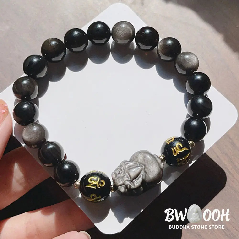 Buddha Stones Natural Silver Sheen Obsidian Black Obsidian Om Mani Padme Hum Pixiu Protection Bracelet - BWOOOH