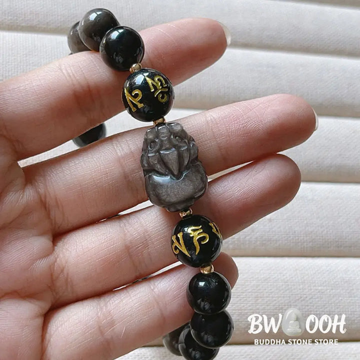 Buddha Stones Natural Silver Sheen Obsidian Black Obsidian Om Mani Padme Hum Pixiu Protection Bracelet - BWOOOH