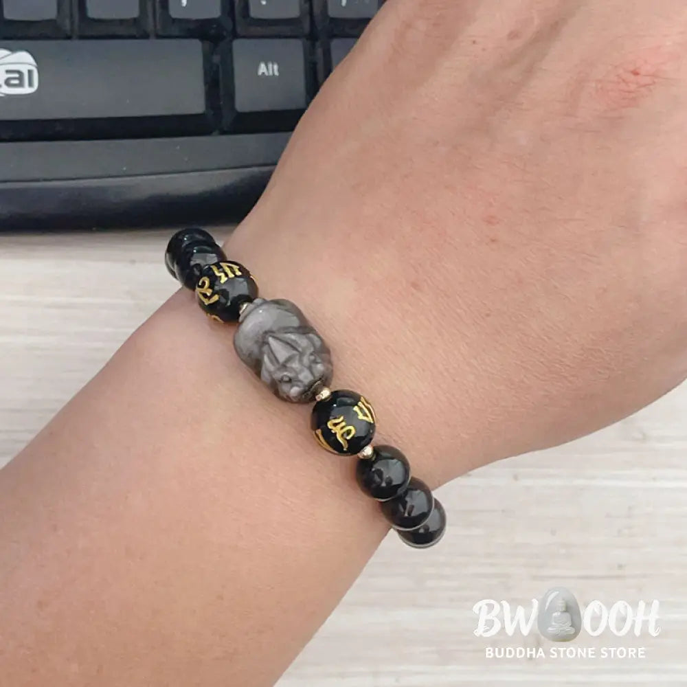 Buddha Stones Natural Silver Sheen Obsidian Black Obsidian Om Mani Padme Hum Pixiu Protection Bracelet - BWOOOH