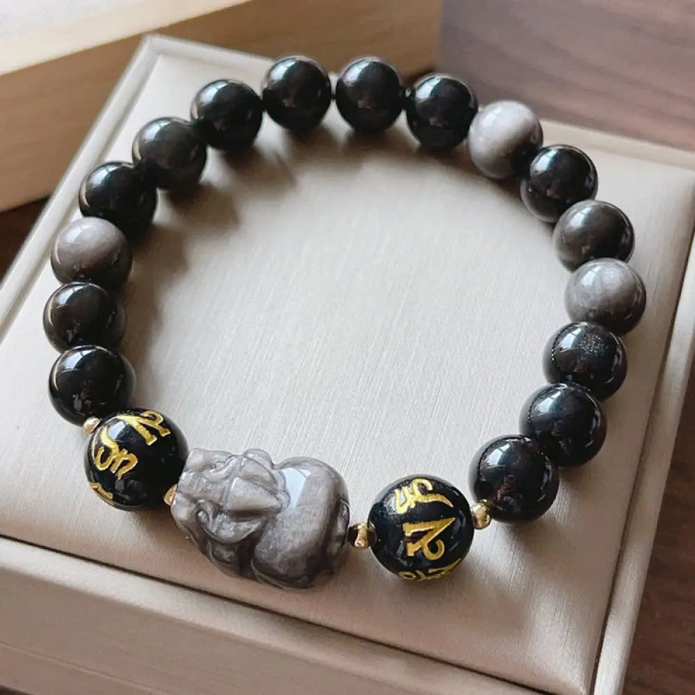BWOOOH Natural Silver Sheen Obsidian Black Obsidian Om Mani Padme Hum Pixiu Protection Bracelet - BWOOOH