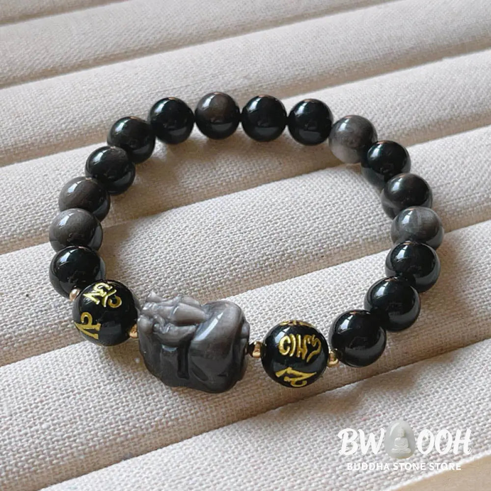 Buddha Stones Natural Silver Sheen Obsidian Black Obsidian Om Mani Padme Hum Pixiu Protection Bracelet - BWOOOH