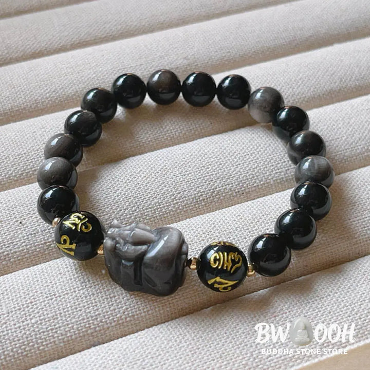 Buddha Stones Natural Silver Sheen Obsidian Black Obsidian Om Mani Padme Hum Pixiu Protection Bracelet - BWOOOH