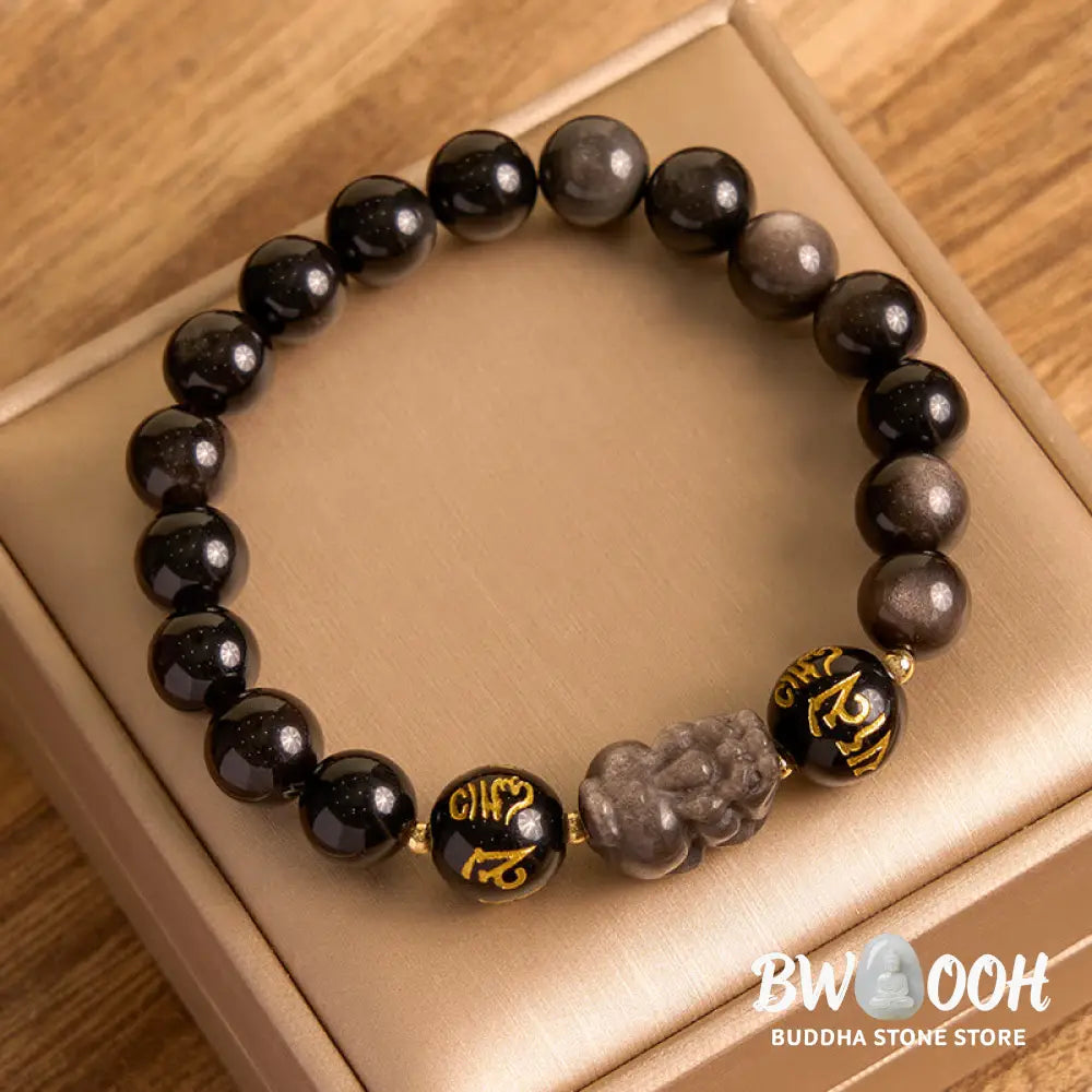 Buddha Stones Natural Silver Sheen Obsidian Black Obsidian Om Mani Padme Hum Pixiu Protection Bracelet - BWOOOH