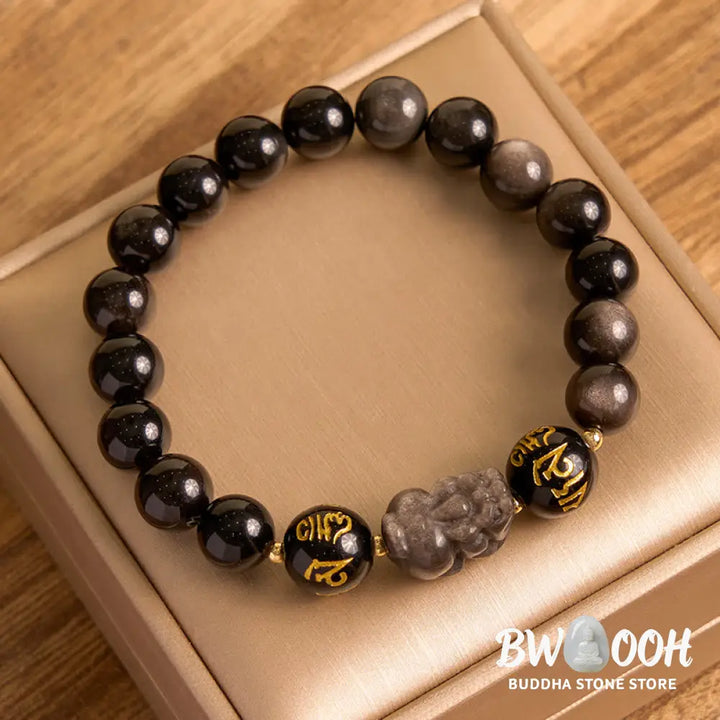 Buddha Stones Natural Silver Sheen Obsidian Black Obsidian Om Mani Padme Hum Pixiu Protection Bracelet - BWOOOH