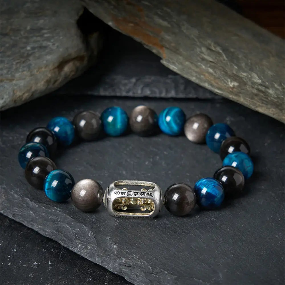 BWOOOH Natural Silver Sheen Obsidian Blue Tiger Eye Om Ma