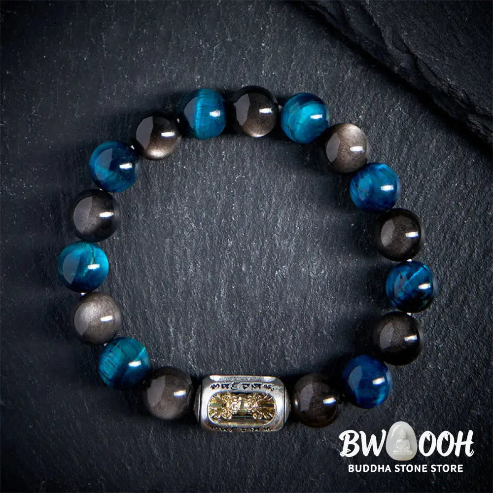 BWOOOH Natural Silver Sheen Obsidian Blue Tiger Eye Om Ma