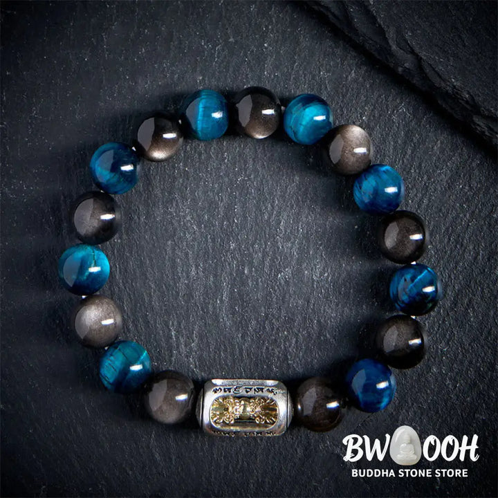 BWOOOH Natural Silver Sheen Obsidian Blue Tiger Eye Om Ma