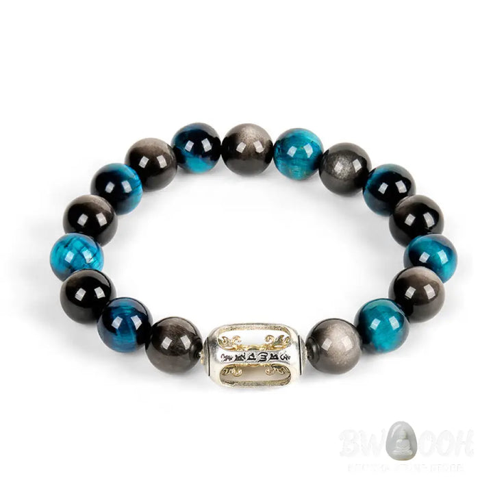BWOOOH Natural Silver Sheen Obsidian Blue Tiger Eye Om Ma