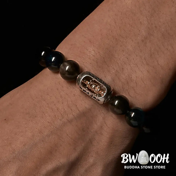 BWOOOH Natural Silver Sheen Obsidian Blue Tiger Eye Om Ma