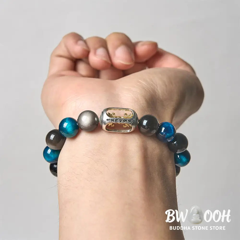 BWOOOH Natural Silver Sheen Obsidian Blue Tiger Eye Om Ma